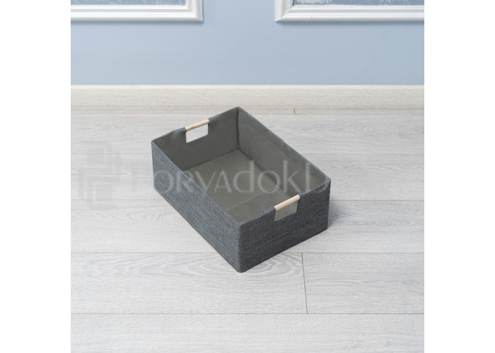 Корзина льняная с деревянной ручкой, серая (3 размера)