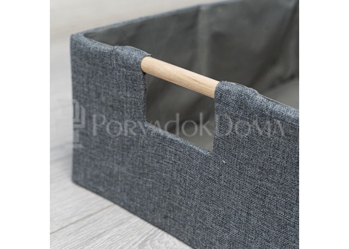 Корзина льняная с деревянной ручкой, серая (3 размера)