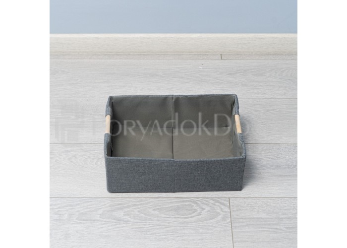 Корзина льняная с деревянной ручкой, серая (3 размера)