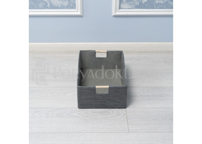 Корзина льняная с деревянной ручкой, серая (3 размера)