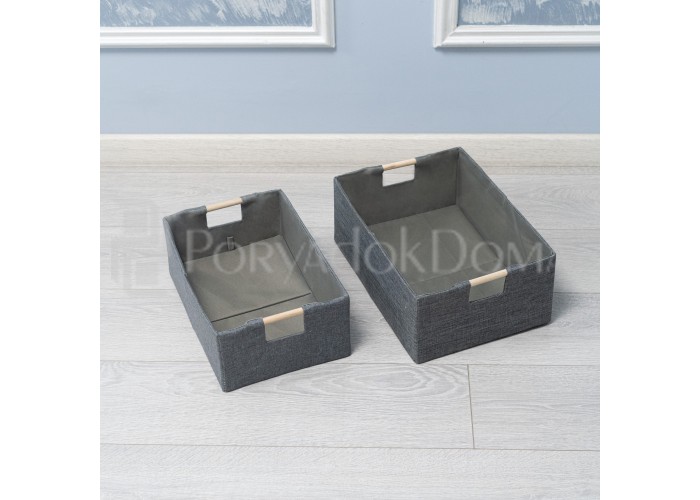 Корзина льняная с деревянной ручкой, серая (3 размера)